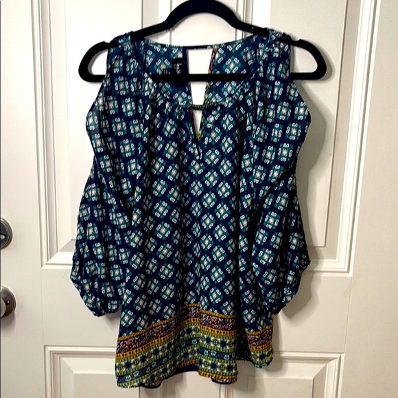 EUC Elegant Blue and Yellow Cold Shoulder Blouse with Vibrant Design - Picture 1 of 7